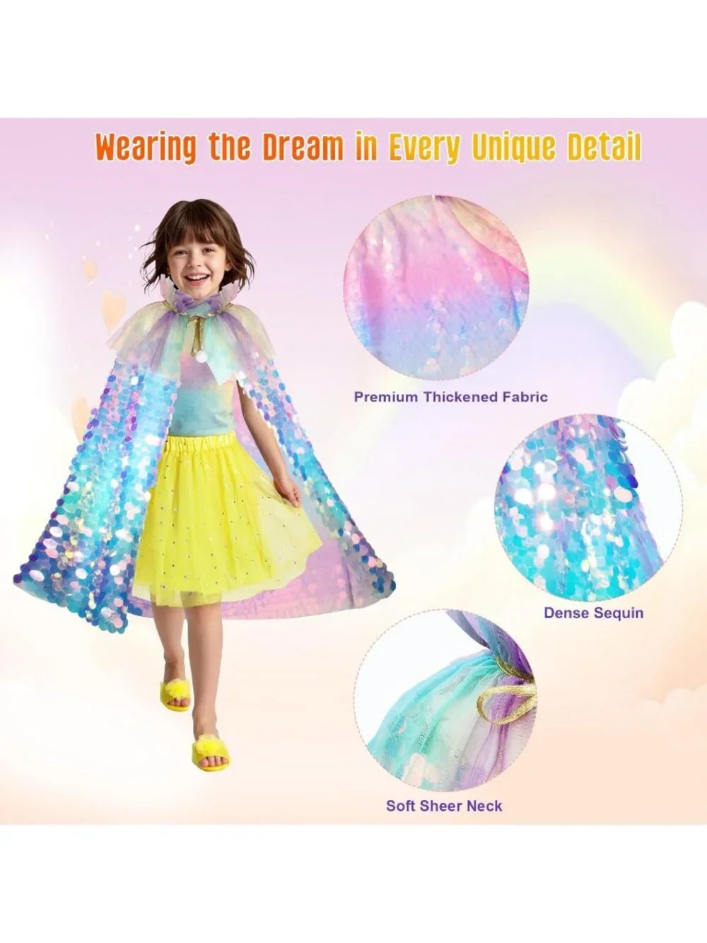 Mermaid Princess Dress Up Cape with Crown Costume Set for Girls -Colorful